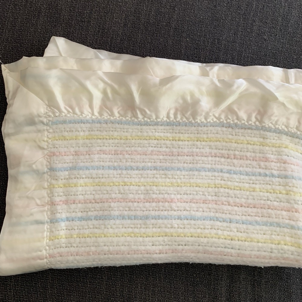 Vintage Chatham Baby Blanket Pastel Stripe Satin Trim 37" X 50"Blue Pink Yellow